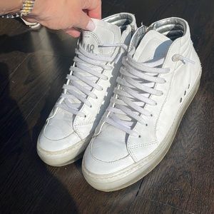 P488 Womens White Leather high top sneakers with silver interior and clear sole.